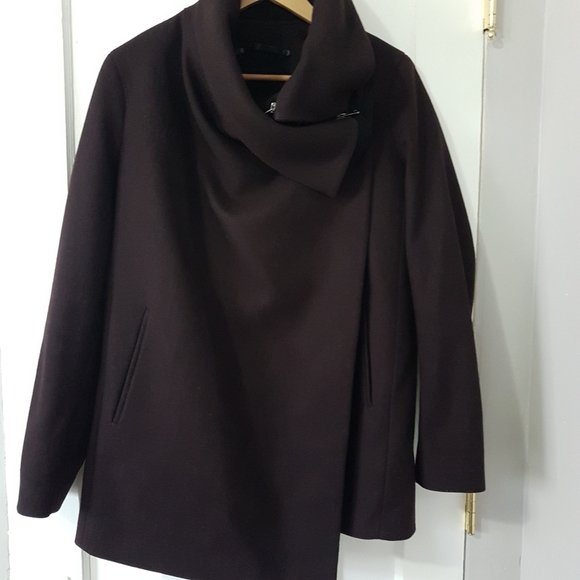 All Saints Jax Wool Blend Draped Coat Burgundy Sz 8 - Picture 2 of 16